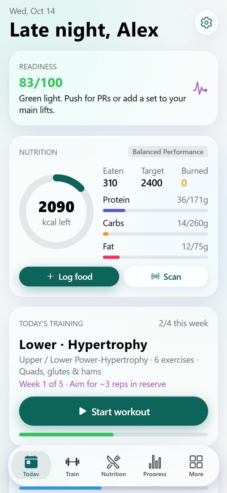 MotiForm Today screen with readiness score, calories left and today’s workout